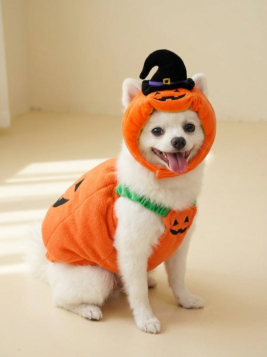 White Spitz dog wearing the pumpkin witch costume with hood, front view