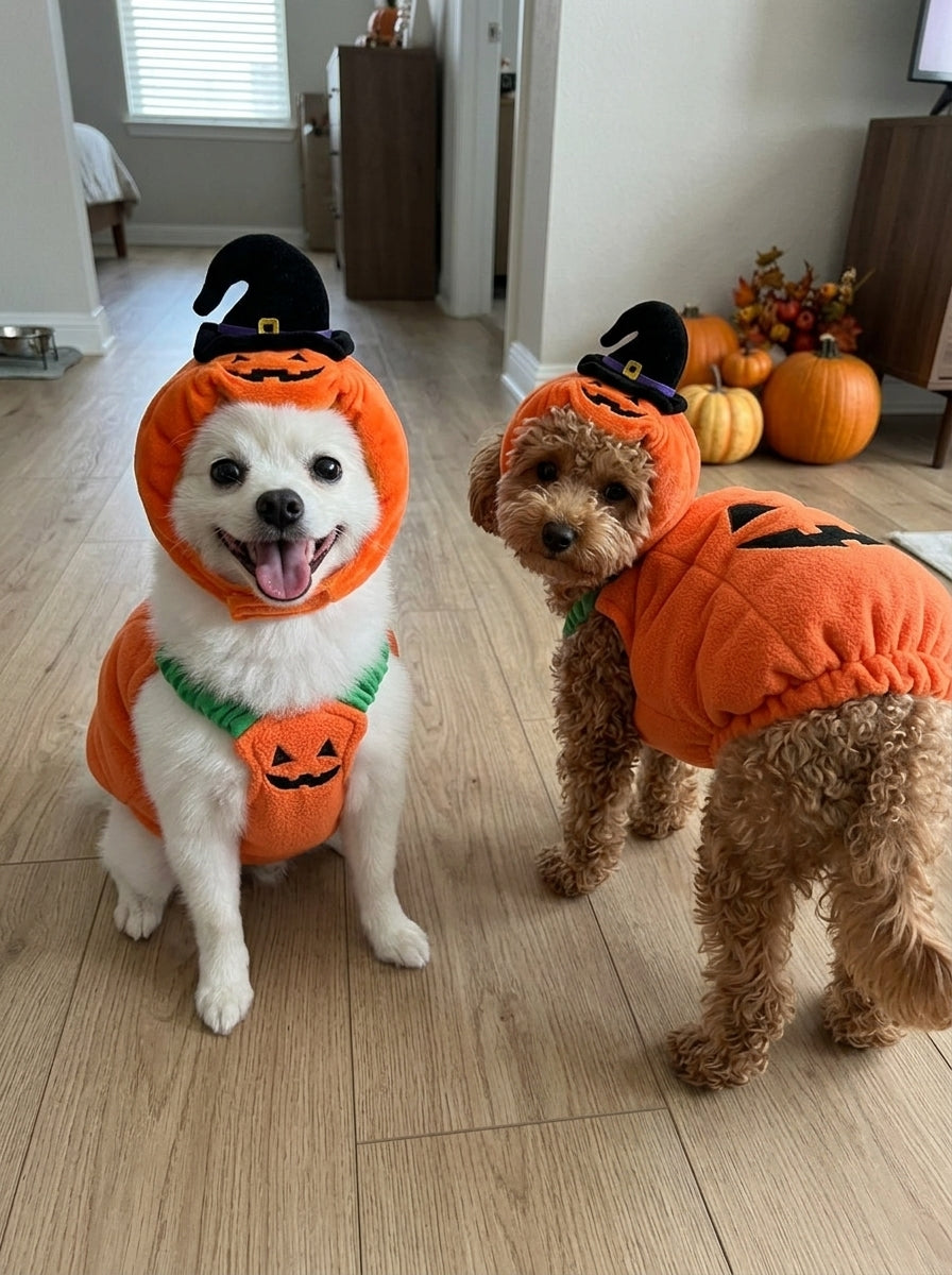 Two dogs in matching pumpkin witch costumes: a white Spitz and a brown poodle mix