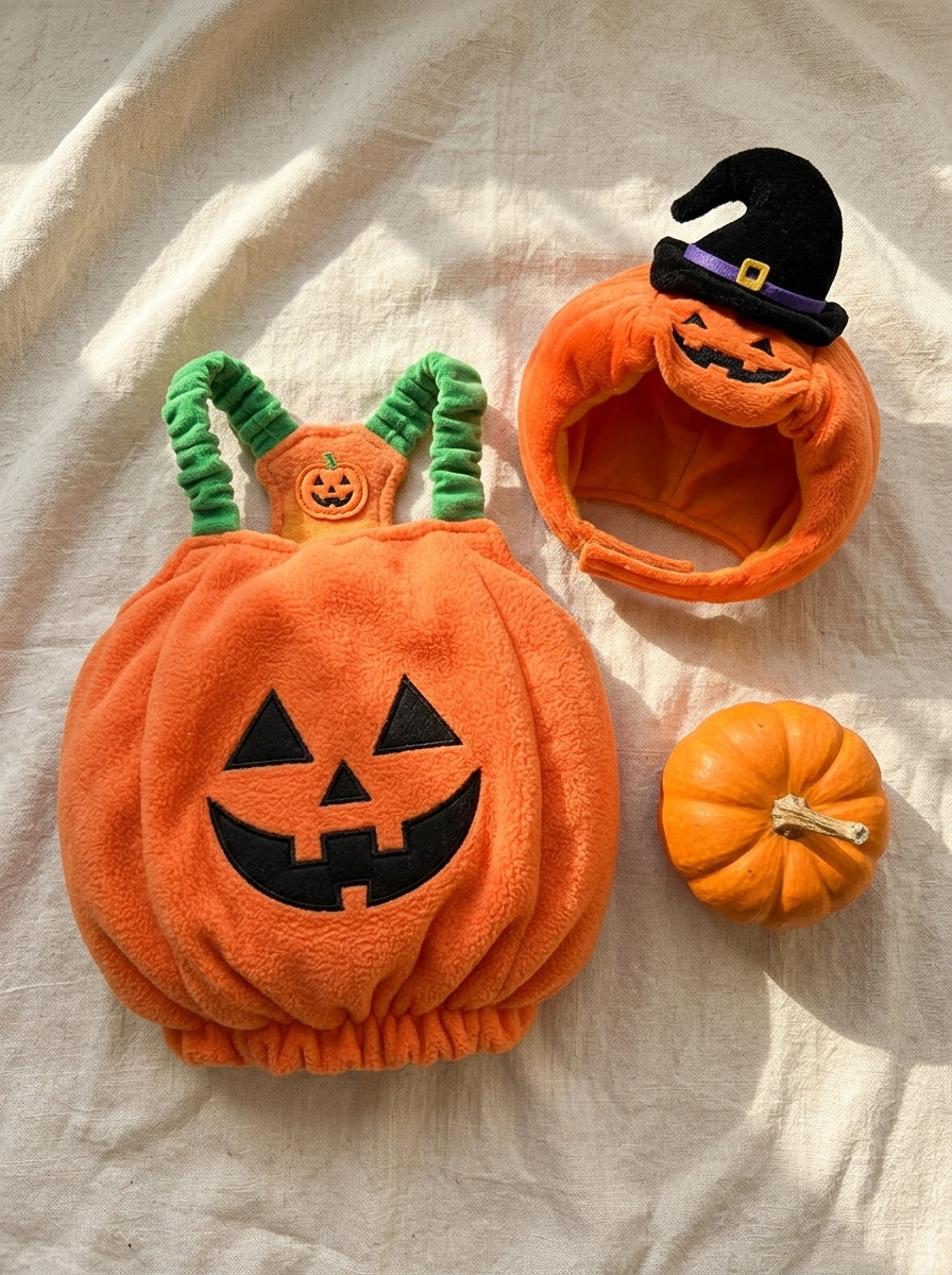 What is included: pumpkin fleece costume body with green straps and separate witch hat hood, laid flat